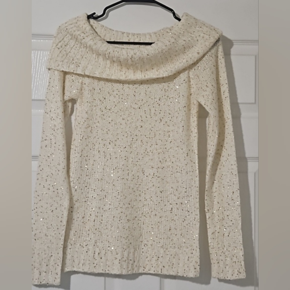 Cream gold sequin cowl neck sweater
